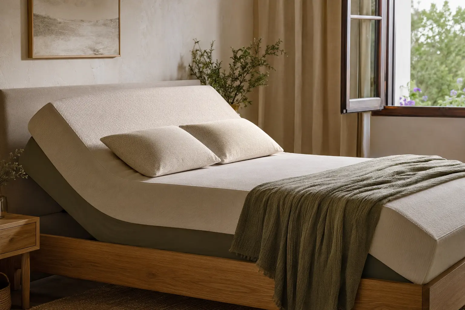 Cama con postura incorporada en un dormitorio aireado