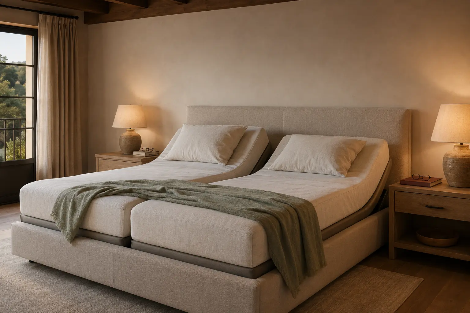 Double adjustable bed with independent sides