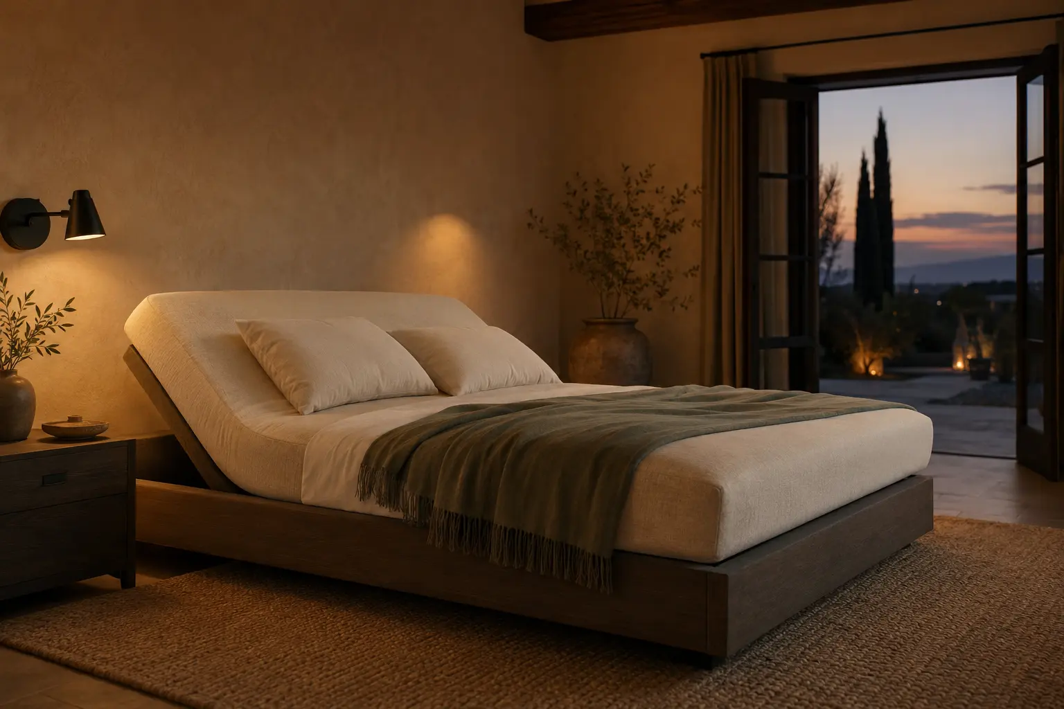 Domestic electric adjustable bed in a warm bedroom