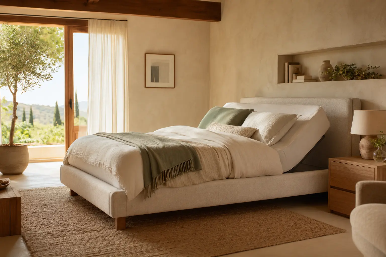 Warm domestic bedroom with an adjustable bed