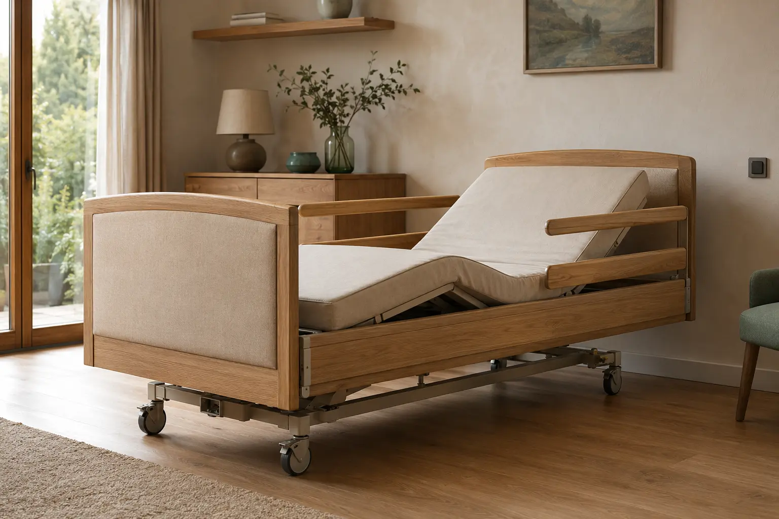 Premium home-care bed with rails and high-low chassis