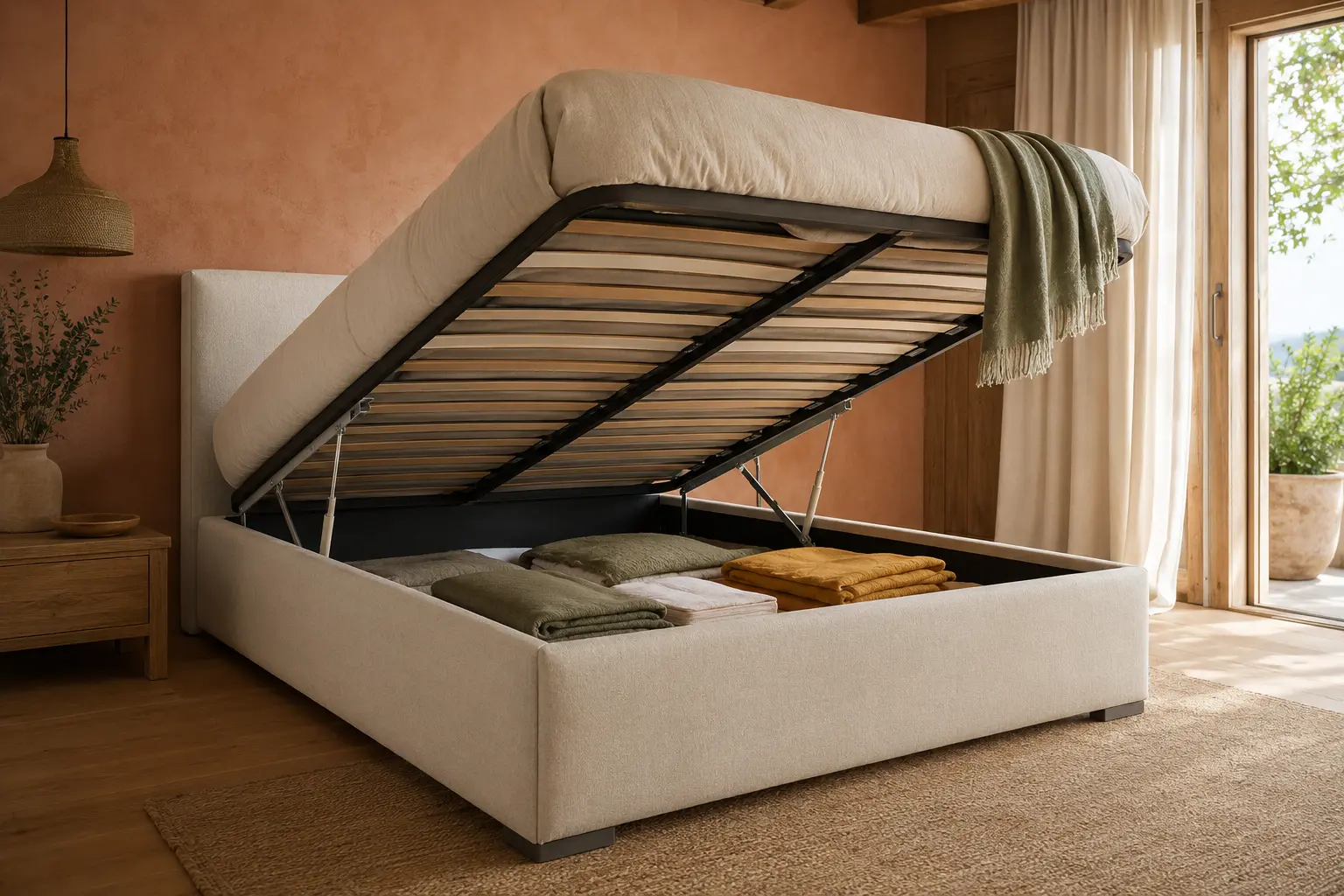 Canapé abatible abierto con ropa de cama almacenada