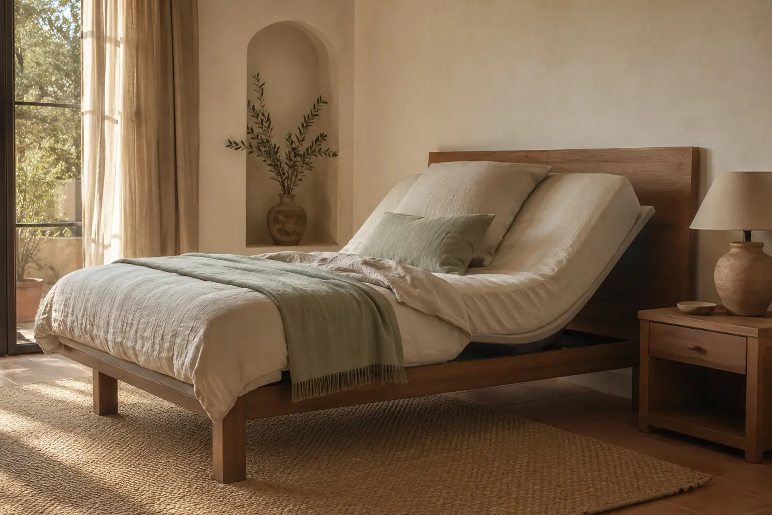 Cama articulada eléctrica integrada en un dormitorio cálido