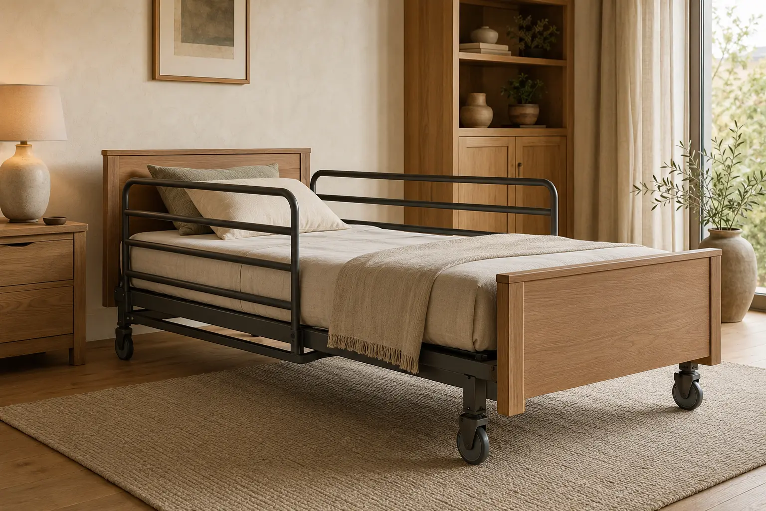 Cama premium con carro elevador integrada de forma sobria en una habitación doméstica