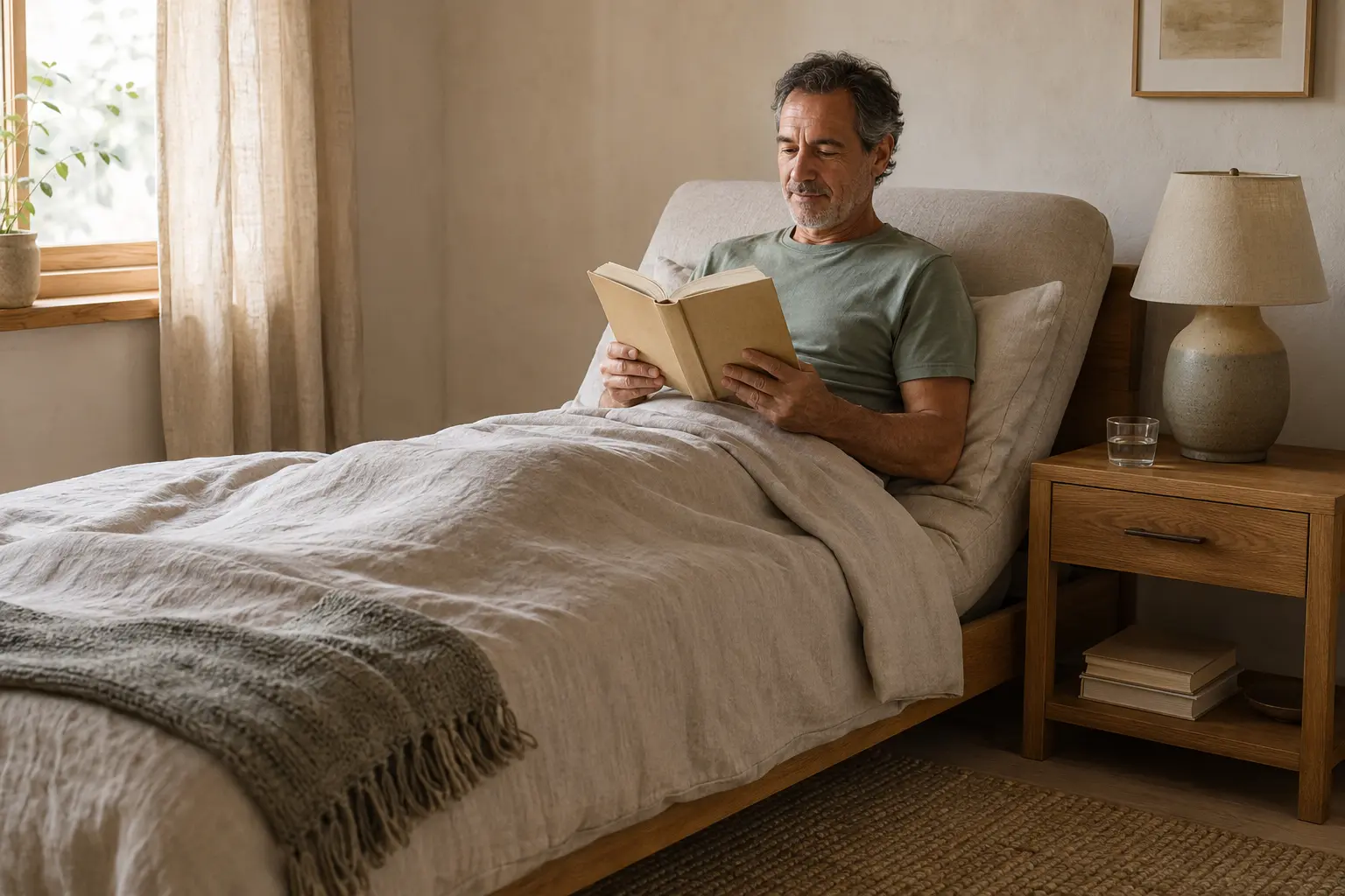 Hombre activo de más de sesenta años leyendo en una cama articulada doméstica